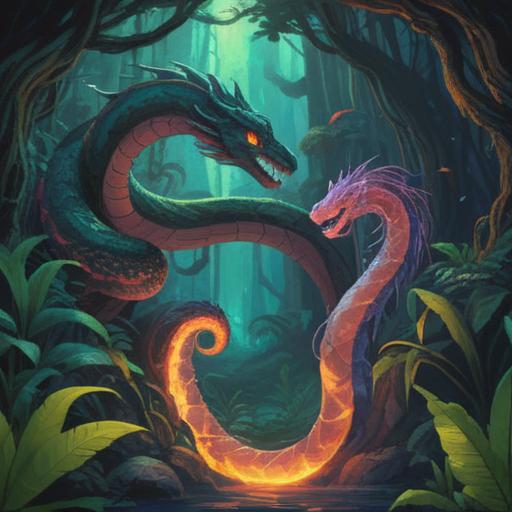 A mystical scene featuring a serpent coiled around a vibrant, glowing crystal, symbolizing spiritual awakening and guidance, lush jungle background with ethereal light filtering through the trees, serene atmosphere, depicted in a vibrant, dreamlike style, rich colors and intricate details, conveying a sense of peace and enlightenment, 4k