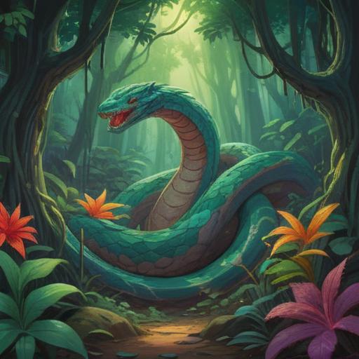 A mystical scene depicting a serpent emerging from a lush forest, vibrant colors, ethereal light filtering through the trees, a sense of caution and spirituality, intricate details in the serpent's scales, symbolic elements like feathers and crystals surrounding the scene, enchanting atmosphere, 4k