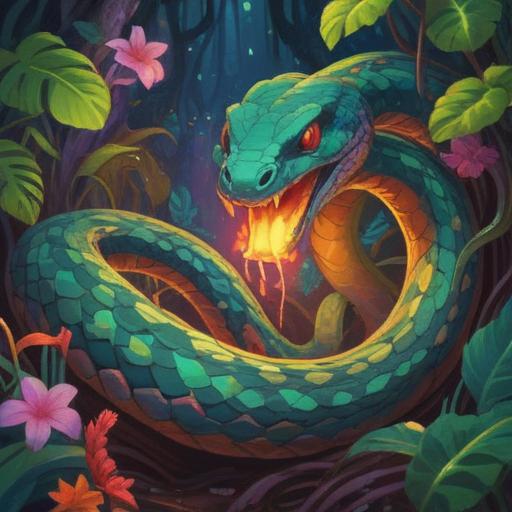 A mystical illustration of a snake intertwined with vibrant, spiritual colors, representing good luck symbols, lush tropical background, shimmering light effects, detailed scales with iridescent patterns, soothing atmosphere, enchanting designs of talismans, 4k