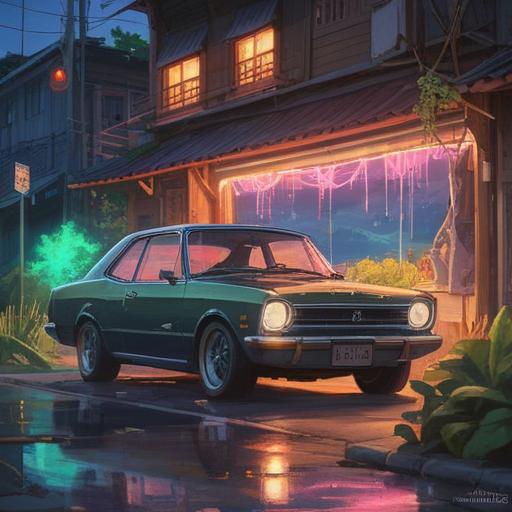 A serene moment of a person reflecting by their car, symbolizing new beginnings, a light aura surrounding the vehicle, vibrant colors of nature in the background, transformation theme, calm and peaceful atmosphere, spiritual journey, 4k