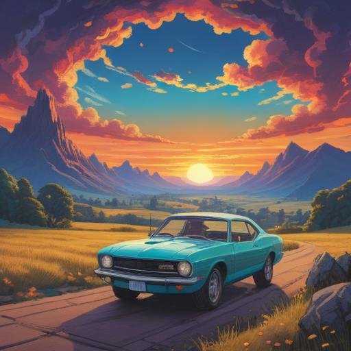 A serene landscape depicting a person contemplating a new car under a clear sky, symbols of spiritual growth and transformation surrounding them, vibrant colors representing positive energy, a road leading to the horizon symbolizing change, gentle sunlight illuminating the scene, uplifting atmosphere, 4k