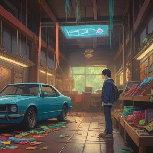 A thoughtful depiction of a person contemplating a car purchase, subtle spiritual symbols in the background, signs like feathers, coins, and rainbows representing guidance, a serene environment with a car dealership in the distance, an aura of intuition and decision-making, warm light filtering through trees, inviting and calming atmosphere, 4k