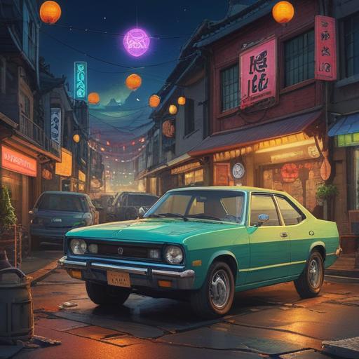 A moment of joy after buying a new car, vibrant colors, lucky charm symbols surrounding the vehicle, glowing aura of good fortune, a cheerful couple celebrating, showcasing a sense of achievement, bright and sunny environment, emphasis on the new car, 4k