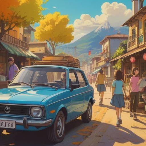 A vibrant image of a family joyfully exploring a new car in a scenic setting, bright sunlight casting warm tones, the excitement of new beginnings, a cozy suburban driveway filled with greenery, the family discussing eco-friendly habits, visuals of reusable bags and biking gear in the background, 4k