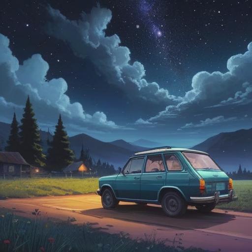 A serene and mystical landscape, a glowing car parked under a starry night sky, ethereal lights surrounding the vehicle, a sense of positive energy emanating from the car, symbolizing spiritual awakening, lush greenery in the background, gentle stream nearby, peaceful and uplifting atmosphere, warm and inviting colors, 4k