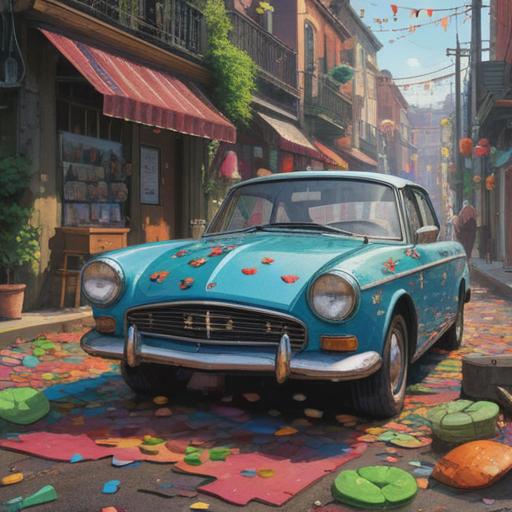 A vibrant illustration featuring a lucky charm after hitting a car, bright colors, a shiny four-leaf clover, surrounded by confetti and sparkles, symbols of good fortune like horseshoes and coins, a joyful atmosphere, an excited character holding the charm, whimsical and cheerful design, 4k