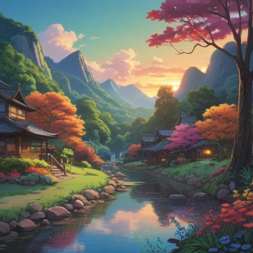 A serene landscape illustration, gentle sunset lighting, calming nature scenery, vibrant flowers and lush greenery, a peaceful river flowing gently, a person practicing mindfulness by the water, soft reflections on the surface, a sense of tranquility and healing, 4k