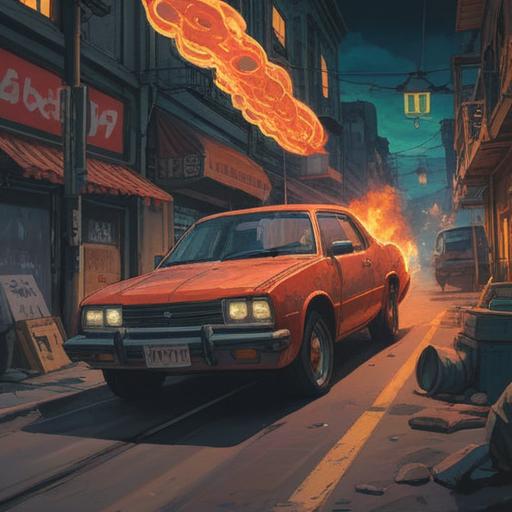 A surreal illustration depicting the spiritual meaning of car theft, a shadowy figure hovering over a stolen vehicle, ethereal light emanating from the car, symbols of loss and freedom intertwined, a mystical landscape in the background, vibrant colors reflecting emotions, visual metaphors representing inner struggles and liberation, dreamlike atmosphere, 4k