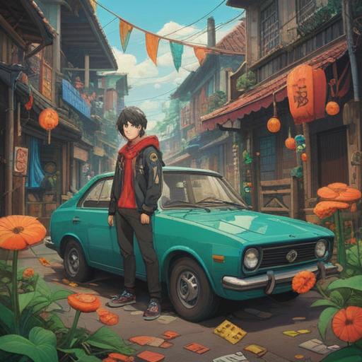 A vibrant illustration depicting a person discovering a lucky charm after a car theft, surrounded by symbols of good fortune like four-leaf clovers and horseshoes, a sense of hope and positivity in the air, a bright sunny day, expressive character with a relieved smile, detailed urban background, emphasizing transformation and luck, 4k