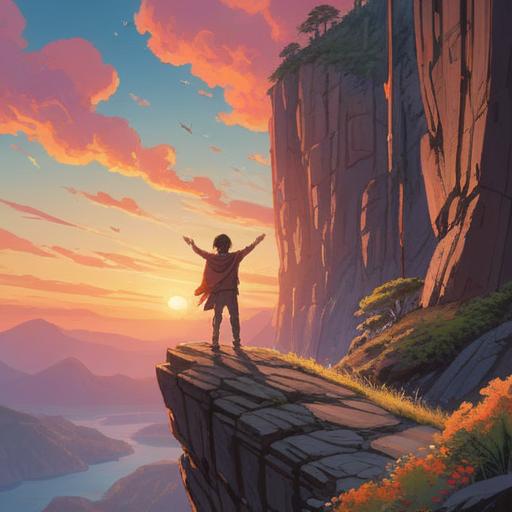 A vibrant illustration of a person standing at the edge of a sunrise-lit cliff, arms outstretched to the sky, symbolizing new beginnings and positive energy, lush green landscape below, soft rays of sunlight breaking through clouds, hopeful expression, surrounded by flowing ribbons representing good luck, warm colors, inspiring mood, 4k