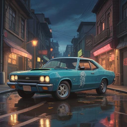 A mystical scene depicting a car vandalism event turned into a spiritual revelation, ethereal glow surrounding the car, symbols of protection and positive energy floating in the air, the atmosphere filled with hope and tranquility, contrasting dark and light elements to signify transformation, 4k detail