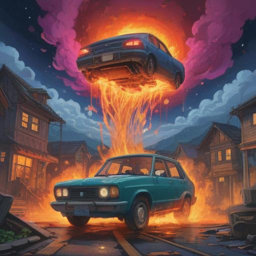 A mystical illustration depicting a car break-in scene, spiritual symbols floating in the air, an aura of caution surrounding the vehicle, ethereal glow illuminating the area, warning signs represented by unsettling shadows, a serene figure observing from a distance, intricate details of the urban environment, contrasting emotions of vulnerability and protection, 4k