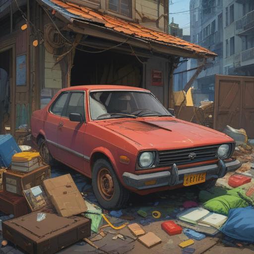 A scene depicting a person discovering fortunate items after a car break-in, scattered belongings around a damaged vehicle, a sense of resilience and hope, a shiny four-leaf clover, a lucky charm keychain, vibrant colors, sunlight filtering through the trees, an emotional atmosphere, storytelling through the environment, capturing the contrast between misfortune and newfound luck, 4k