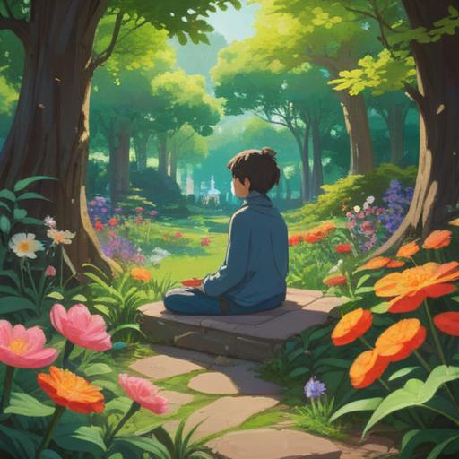 A calming scene of a person meditating in a serene garden, surrounded by blooming flowers, gentle sunlight filtering through the leaves, tranquil pond reflecting the sky, soft whisper of the wind, peaceful atmosphere, mindfulness practice, vibrant colors, harmony with nature, 4k