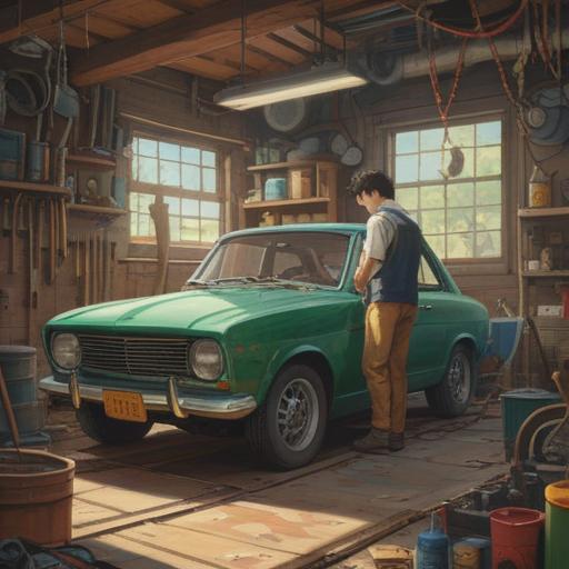A serene illustration of a mechanic working on a car in a tranquil garage, sunlight streaming through the windows, tools arranged thoughtfully, a sense of connection between man and machine, symbolic elements representing harmony and balance, soft focus on the mechanic’s concentrated expression, warm and inviting environment, spiritual undertones of renewal and healing, 4k