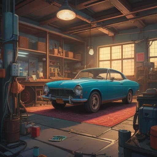 A serene automotive repair scene, a skilled mechanic working on a classic car, ethereal light illuminating the workspace, subtle hints of spiritual symbolism, a sense of tranquility and mindfulness, soft reflections on the car's polished surface, tools neatly arranged, warm ambiance, inspiring atmosphere, 4k