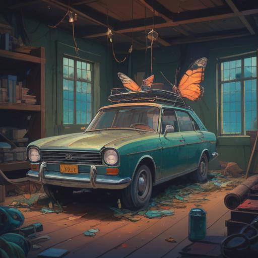 A mystical scene depicting a car in need of repair, ethereal light surrounding the vehicle, symbols of spiritual signs like feathers and butterflies, a mechanic gazing thoughtfully, soft glow from the dashboard indicating warning lights, a serene landscape in the background, 4k