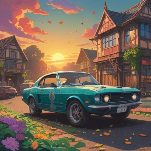 A vibrant illustration of a freshly repaired car, sparkling under the sun, surrounded by lucky charms like four-leaf clovers and horseshoes, an aura of good fortune emanating from the vehicle, cheerful colors, inviting atmosphere, detailed depiction of the car’s shiny exterior and happy characters celebrating around it, 4k