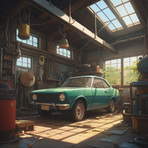 A serene scene of a mechanic workshop, sunlight streaming through the windows, a freshly repaired car gleaming under the light, tools neatly organized on a workbench, an open book on prosperity tips beside the car, a sense of accomplishment and positivity in the air, inviting atmosphere, 4k