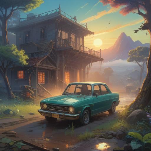 A broken car in a serene, spiritual landscape, surrounded by ethereal light, symbolic elements representing transformation and renewal, gentle mists enveloping the scene, soft pastels and vibrant colors, hinting at life's journey and challenges, a tranquil setting that evokes introspection, 4k