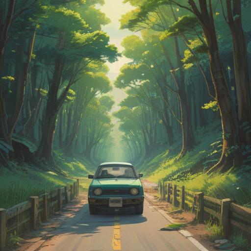 A serene scene depicting a broken-down car on a quiet, winding road, surrounded by lush green trees and soft sunlight filtering through the leaves, a gentle aura of light emanating from the car, symbolizing spiritual guidance, whimsical birds flying overhead, peaceful atmosphere, sense of hope and reassurance, 4k
