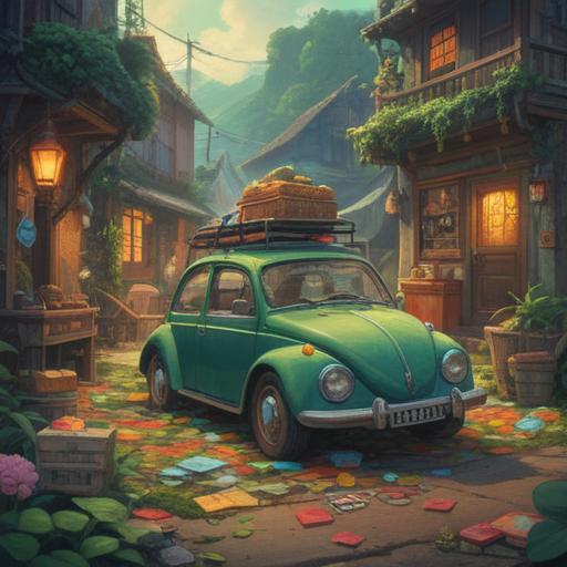 A vibrant and uplifting scene depicting a broken car, surrounded by various lucky charms and talismans, such as four-leaf clovers, lucky cats, and horseshoes, bright sunlight filtering through the trees, a sense of hope and positivity, detailed texture on the charms, colorful and cheerful atmosphere, 4k