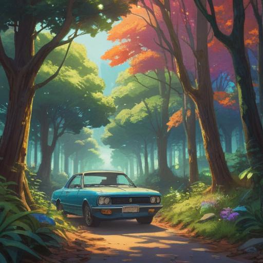 A serene outdoor scene depicting a person contemplating the purchase of a car, surrounded by nature, sunlight filtering through trees, a sense of tranquility and clarity, symbolic elements like a butterfly or a feather, representing spiritual signs, vibrant colors, harmonious composition, 4k