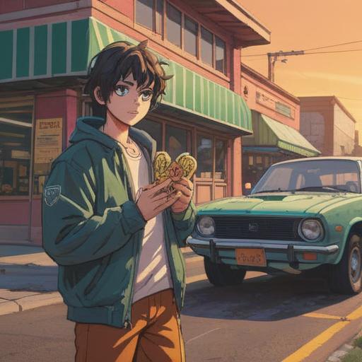 A vibrant illustration of a person standing in front of a car dealership, holding a lucky charm in their hand, warm sunlight illuminating the scene, optimistic expressions, colorful banners in the background promoting car sales, various cars on display, bustling atmosphere, sense of anticipation, 4k