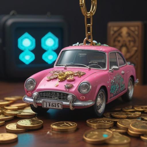 A whimsical illustration featuring a lucky charm for successful car buying, a shiny keychain shaped like a car, surrounded by sparkles and coins, a bright blue backdrop symbolizing good fortune, a cheerful atmosphere, the charm glowing with energy, detailed imagery of a happy family looking at a new car, vibrant colors, 4k