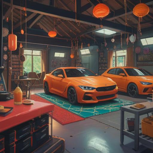 Feng Shui tips for successfully upgrading your car, vibrant colors, a serene garage setting, positive energy flow, car surrounded by auspicious symbols, harmonious arrangement, harmonious balance, comforting environment, 4k