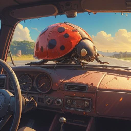 A mystical scene of a vibrant red ladybug perched on the dashboard of a car, rays of sunlight streaming through the windshield, the car surrounded by lush greenery, symbolizing transformation and good luck, intricate details of the ladybug's spots, serene and spiritual ambiance, a hint of magical realism, 4k