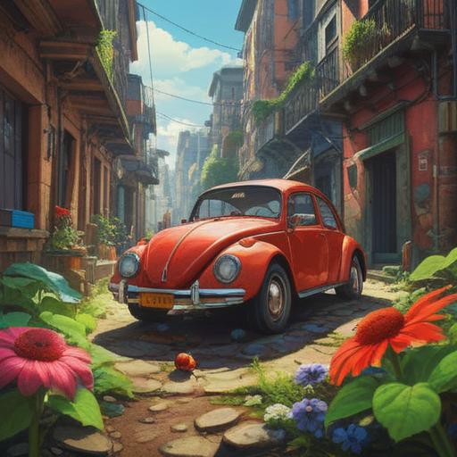 A spiritual representation of a ladybug inside a car, symbolizing good luck and positive energy, vibrant colors, serene atmosphere, rays of light illuminating the ladybug, detailed car interior, harmonious composition, nature-inspired motifs, uplifting message, 4k