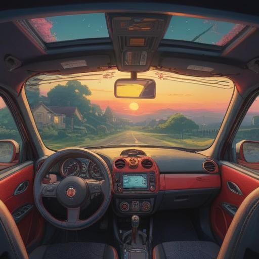 A spiritual moment in a car, a ladybug appearing on the dashboard, symbolizing good luck and transformation, sunlight streaming through the windows, calm and reflective atmosphere, intricate details of the car interior, capturing the essence of awareness and mindfulness, 4k