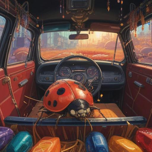 A vibrant illustration of a ladybug sitting inside a car, surrounded by various spiritual items like crystals, incense, and colorful dream catchers, warm sunlight filtering through the car windows, a serene atmosphere, colorful and whimsical design, 4k