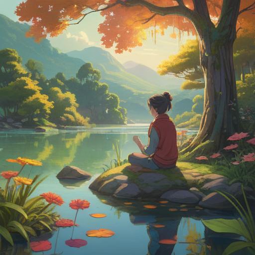 A serene nature scene, a person meditating by a tranquil lake, surrounded by lush greenery and colorful flowers, soft sunlight filtering through the trees, reflections on the water, peaceful atmosphere, spiritual symbols subtly integrated, inviting a sense of introspection and self-discovery, 4k