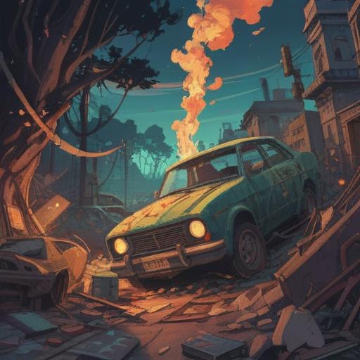 A surreal and thought-provoking illustration, depicting a series of car accidents as a transformative spiritual journey, symbolic representations of rebirth and renewal, vibrant colors contrasting with dark themes, ethereal elements like glowing light and abstract forms, emphasizing reflection and personal growth, 4k