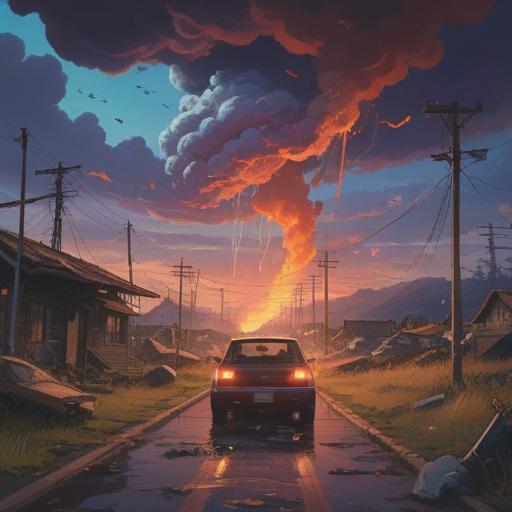 A surreal landscape depicting a series of car accidents, caution signs appearing in the form of ethereal symbols in the sky, an ominous atmosphere, mystical fog enveloping the scene, vehicles in various states of collision, a sense of urgency and awareness, vivid colors contrasting with dark tones, thought-provoking imagery, 4k