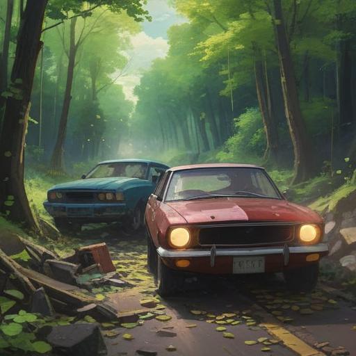 A dramatic scene depicting a series of car accidents, scattered lucky charms such as four-leaf clovers and horseshoes, a sense of chaos and urgency, emergency responders in action, contrasting elements of misfortune and hope, 4k