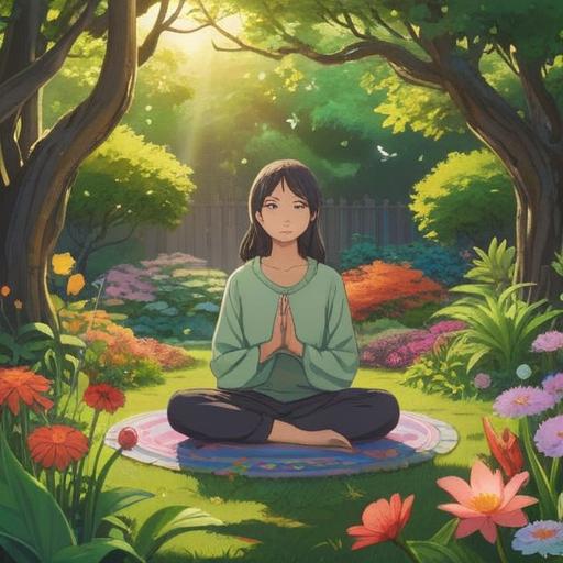 A serene illustration of a person meditating in a peaceful garden, surrounded by blooming flowers and gentle sunlight, embodying tranquility and positive energy, soft and harmonious colors, a sense of balance and inner peace, inviting atmosphere, symbolic elements like butterflies and flowing water, 4k
