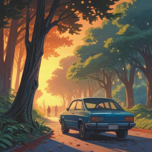 A serene and reflective scene, a person standing by their parked car looking confused, sunlight filtering through trees, symbolic representation of lost keys on the grass, ethereal light surrounding the scene, sense of calm and clarity, nature as a backdrop, spiritual awakening symbolism, 4k