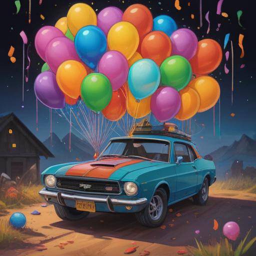 A vibrant illustration featuring a lucky car adorned with birthday numbers, colorful balloons floating around, a festive cake placed on the hood, illuminated with sparkling candles, a joyful party atmosphere, warm sunlight filtering through trees, playful pets joining the celebration, detailed decorations reflecting a birthday theme, 4k resolution