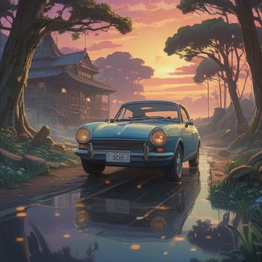 A serene landscape featuring a car in a tranquil setting, a mystical frog appearing on the hood, surrounded by ethereal light, symbolizing spiritual awakening, lush greenery, gentle sunlight filtering through trees, peaceful atmosphere, vibrant colors, 4k