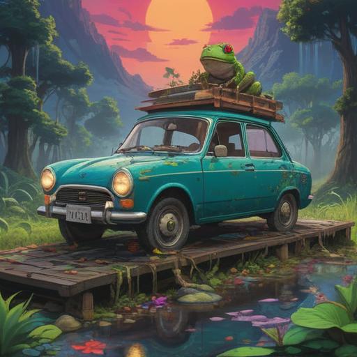 A surreal illustration of a car with a frog sitting on the roof, vibrant colors, mystical aura, nature surrounding the vehicle, signs of good luck emanating, enchanting atmosphere, symbolic representation of spirituality, intricate details in the frog's features, 4k