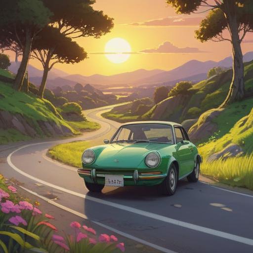 A serene landscape depicting a car driving cautiously along a winding road, a large green frog sitting on the roadside, the sun setting in the background, symbolizing spiritual awareness, vibrant colors reflecting the essence of nature, subtle glowing aura around the frog, inviting contemplation on spiritual signs, clear sky, peaceful atmosphere, 4k