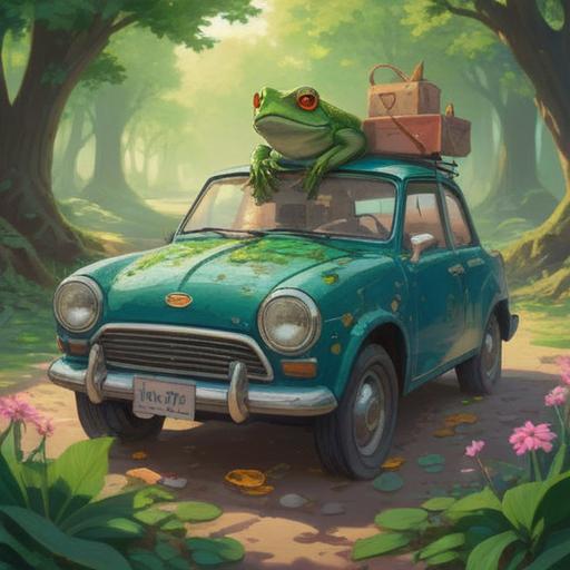 A vibrant illustration of a frog sitting atop a car, surrounded by lucky items like four-leaf clovers and horseshoes, sunny day, clear blue sky, cheerful atmosphere, whimsical details, playful background, bright colors, enchanting scene, 4k