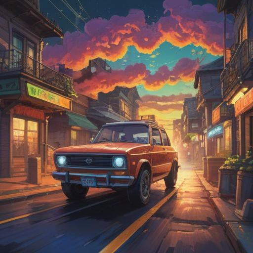 A surreal moment of two cars passing each other, symbolic connection, vibrant energy flow, metaphysical interpretation of paths crossing, ethereal aura around vehicles, abstract representation of fate and chance, dynamic motion blur, peaceful road scenery, blue skies and lush greenery, 4k