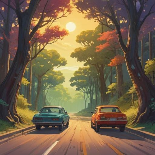 A serene scene of two cars passing each other on a winding road, sunlight filtering through trees, symbols of spiritual signs subtly glowing around the vehicles, peaceful landscape, harmonious energy, connection between drivers, uplifting atmosphere, 4k