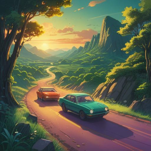 A vibrant scene depicting two cars passing each other on a scenic road, a lucky charm glowing brightly in the foreground, lush green landscape, clear blue sky, sun rays illuminating the scene, dynamic motion with blurred backgrounds, sense of serendipity, charming details in the cars, 4k