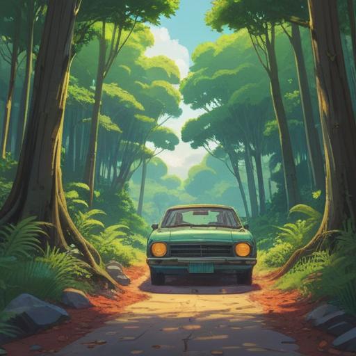A serene illustration depicting a car stuck in the middle of a tranquil landscape, surrounded by lush greenery and soft sunlight filtering through the trees, symbolizing a pause for reflection and introspection, ethereal elements like glowing orbs and gentle mist, conveying a spiritual awakening, calm and meditative atmosphere, 4k