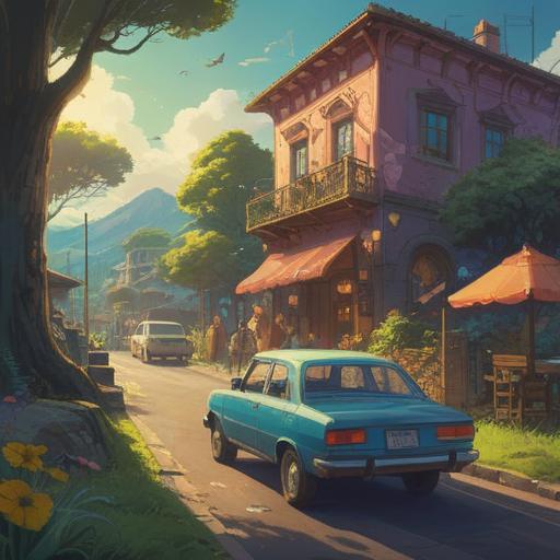 A serene landscape featuring a stationary car surrounded by ethereal light, gentle aura emanating from the vehicle, mystical symbols floating in the air, lush green surroundings, soft rays of sunlight filtering through trees, a sense of peace and calm, spiritual energy flowing, vibrant colors, 4k